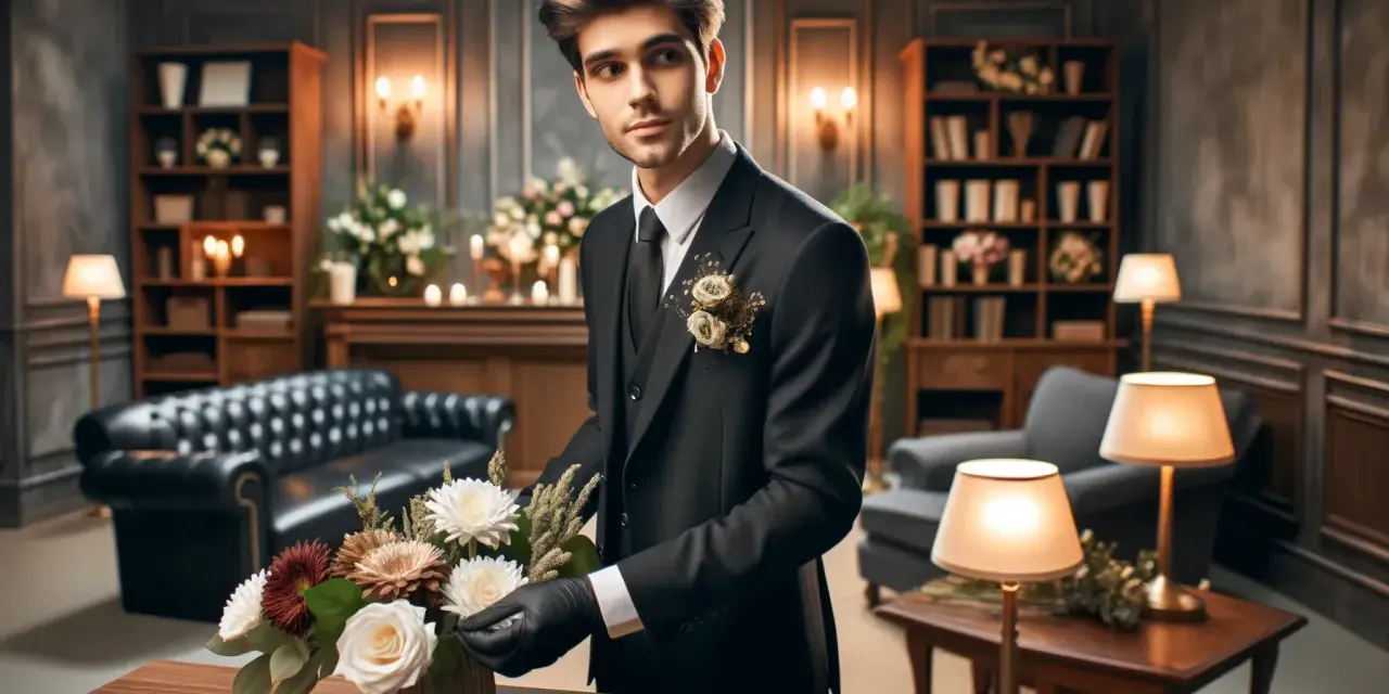 Giovane necroforo in abito elegante sistema fiori, il suo stipendio è modesto ma il suo lavoro è svolto con dignità.