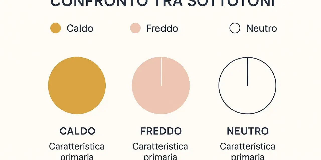 Confronto sottotoni pelle: cerchi colorati indicano caldo (giallo ocra), freddo (rosa pesca) e neutro (contorno blu).