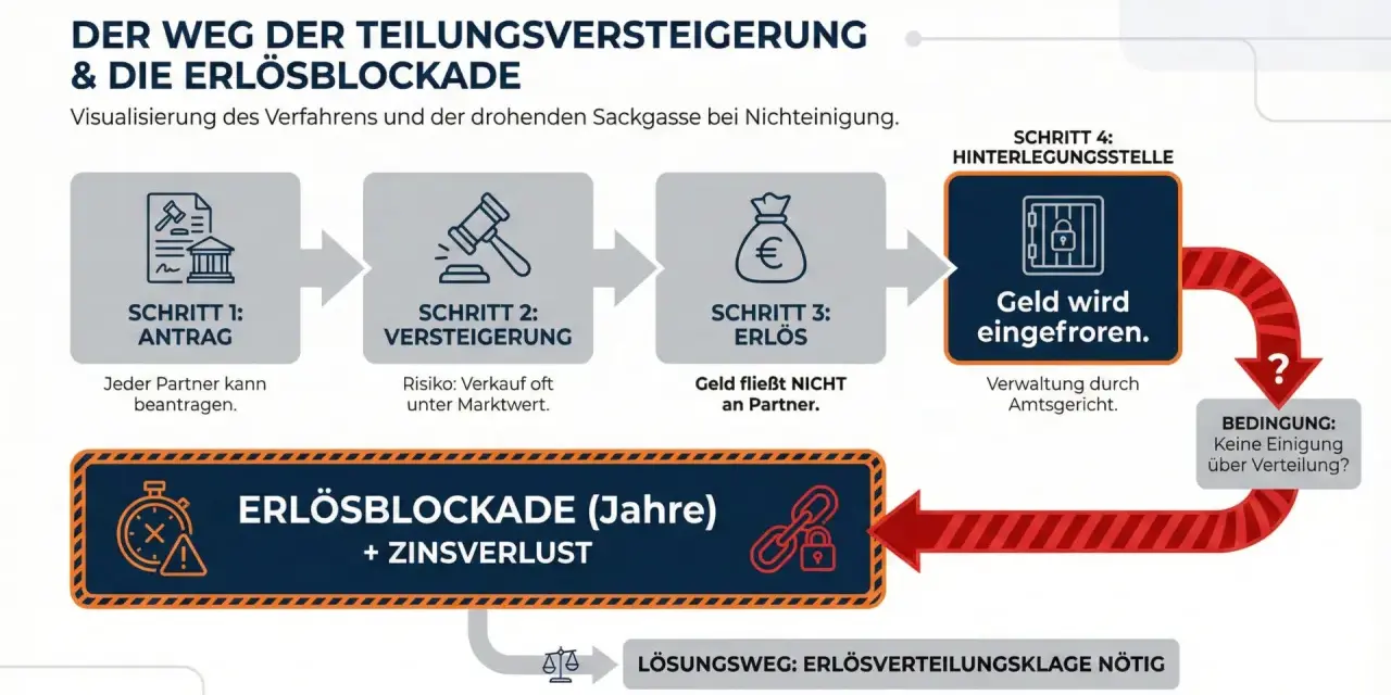 Der Weg der Teilungsversteigerung: Antrag, Versteigerung, Erlös wird eingefroren. Bei Nichteinigung droht Erlösblockade, Zugang zum Eigentum verweigert.