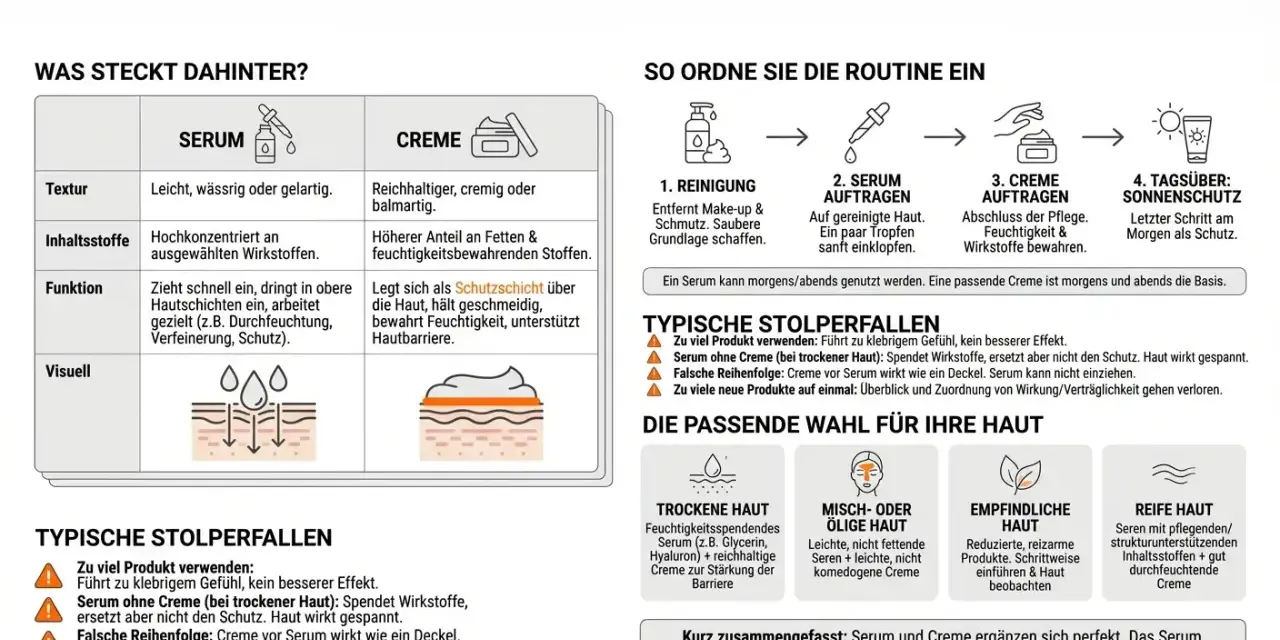 Serum ist leicht & konzentriert, Creme bildet Schutzschicht. Für trockene Haut nur Serum statt Creme ist nicht genug.
