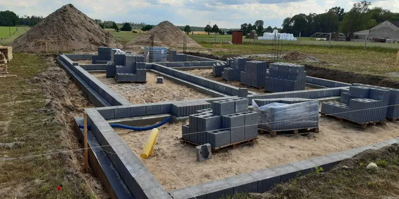 Budowa fundamentów z bloczków betonowych. Zastanawiasz się, ile kosztuje wylanie fundamentu? Na placu budowy widać materiały i postęp prac.