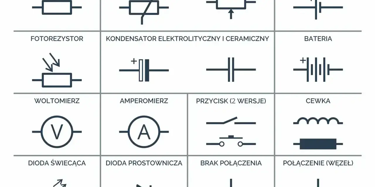 Schemat przedstawia symbole elementów elektronicznych: rezystor, potencjometr, ogniwo, fotorezystor, kondensator, bateria, woltomierz, amperomierz, przycisk, cewka, dioda świecąca, dioda prostownicza, brak połączenia i połączenie (węzeł). Symbol uziemi...