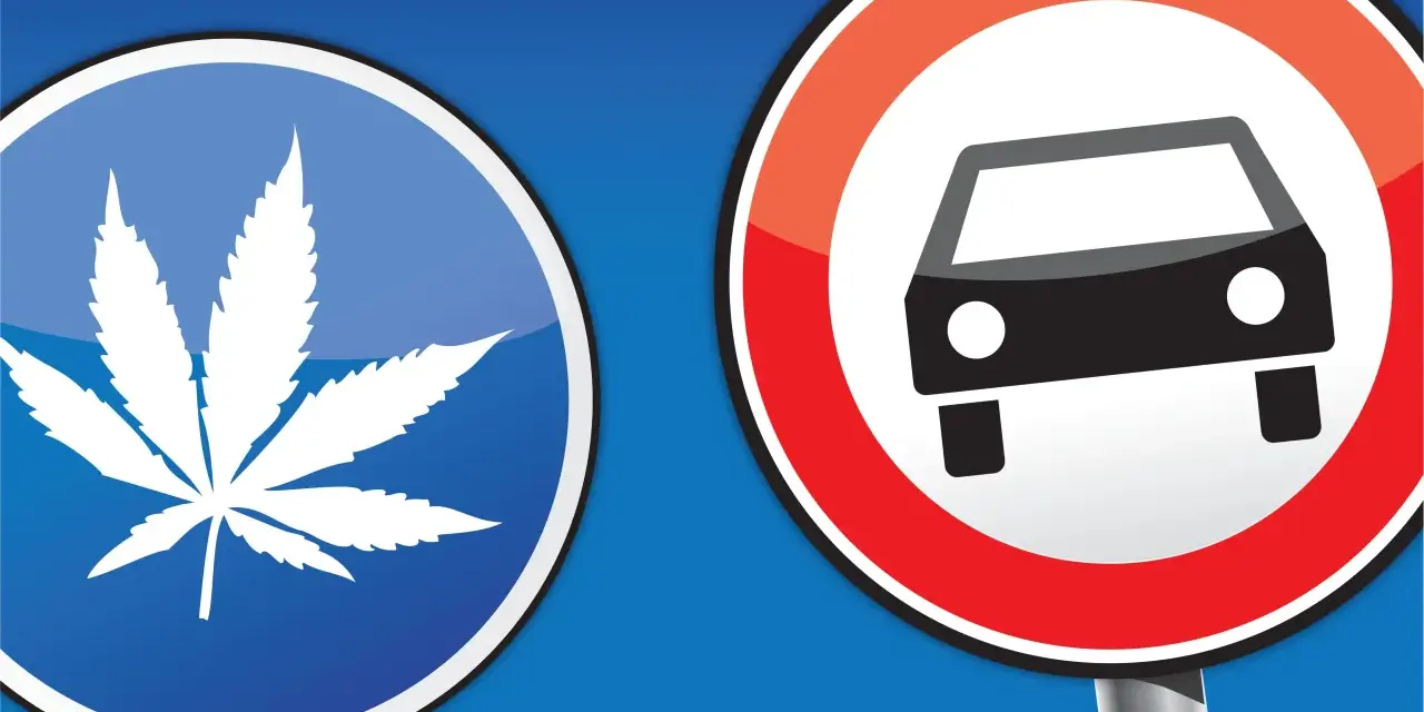 Verkehrsschilder: Ein blaues Schild mit einem Cannabisblatt und ein rotes Schild mit einem Auto. Vorsicht vor Cannabis am Steuer!