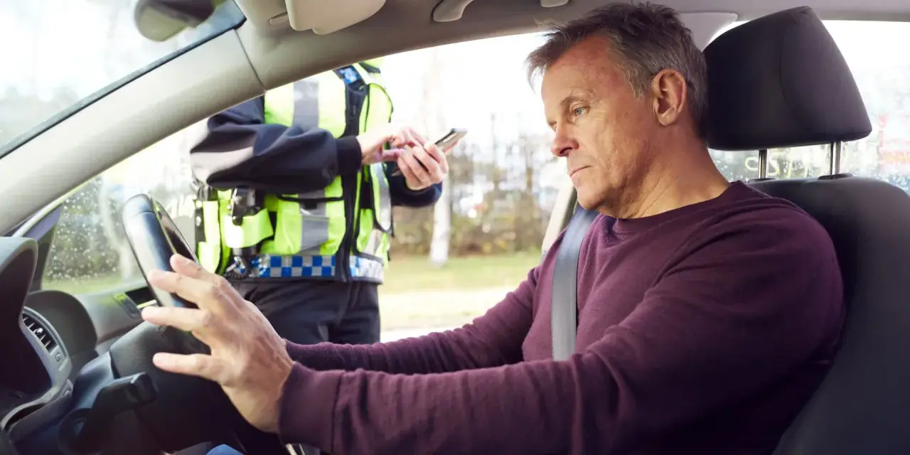 Mann am Steuer, Polizist mit Handy. Die Szene deutet auf eine Kontrolle hin, vielleicht wegen Verdacht auf **Probezeit Alkohol**.