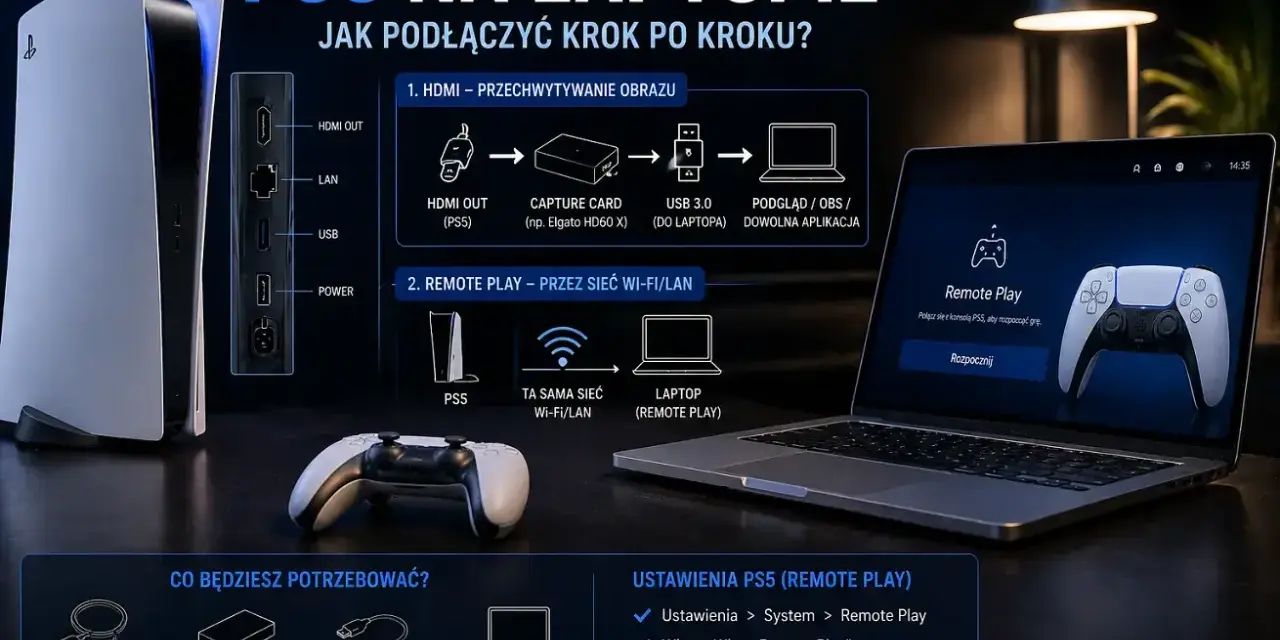 Instrukcja jak grać na laptopie z PS5 przez Remote Play. Pokazano połączenie HDMI i opcję Remote Play przez Wi-Fi/LAN.