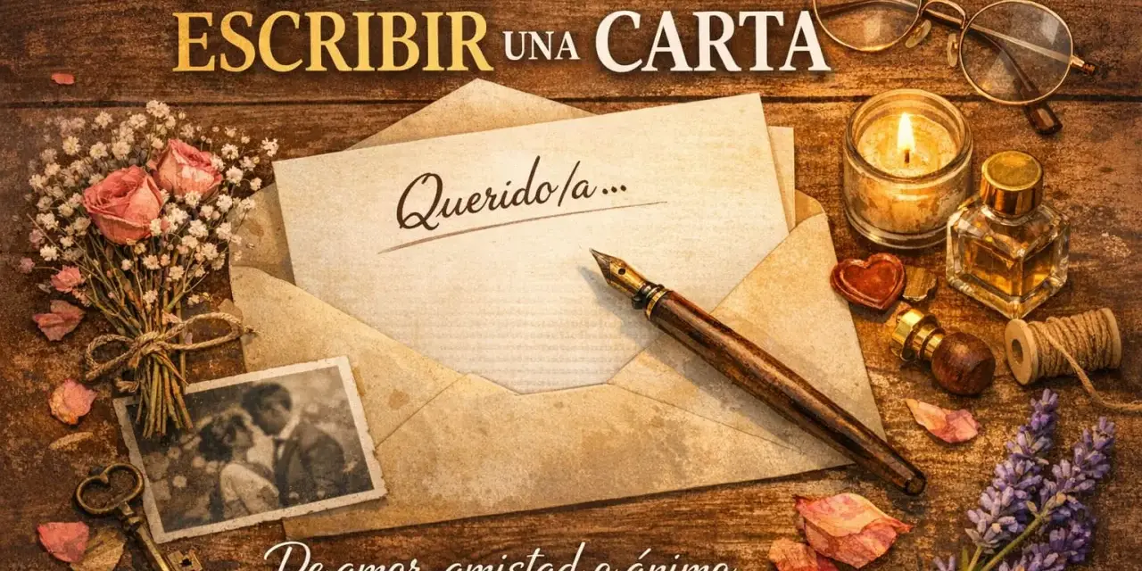 Cómo escribir una carta: un sobre abierto, pluma, tinta, vela, gafas y un ramo de rosas. Ideal para expresar amor, amistad o ánimo.