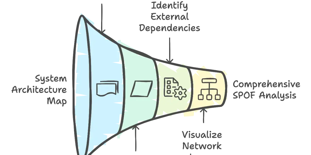 A funnel diagram illustrating steps for comprehensive SPOF analysis: System Architecture Map, Document Components, Identify External Dependencies, Illustrate Data Flows, Visualize Network Layer.