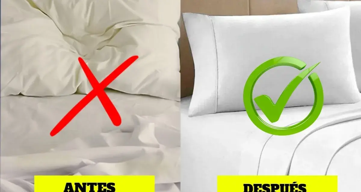 Lado izquierdo: sábanas amarillentas y arrugadas con una X roja. Lado derecho: sábanas blancas y lisas con una marca de verificación verde.