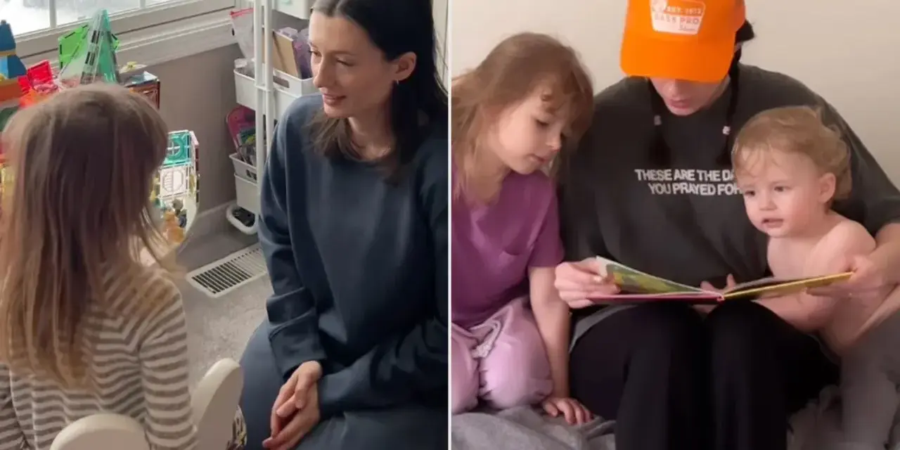 Mama po francusku, czytająca dzieciom bajki. Na lewym zdjęciu rozmawia z córką, na prawym czyta książkę dwóm pociechom.