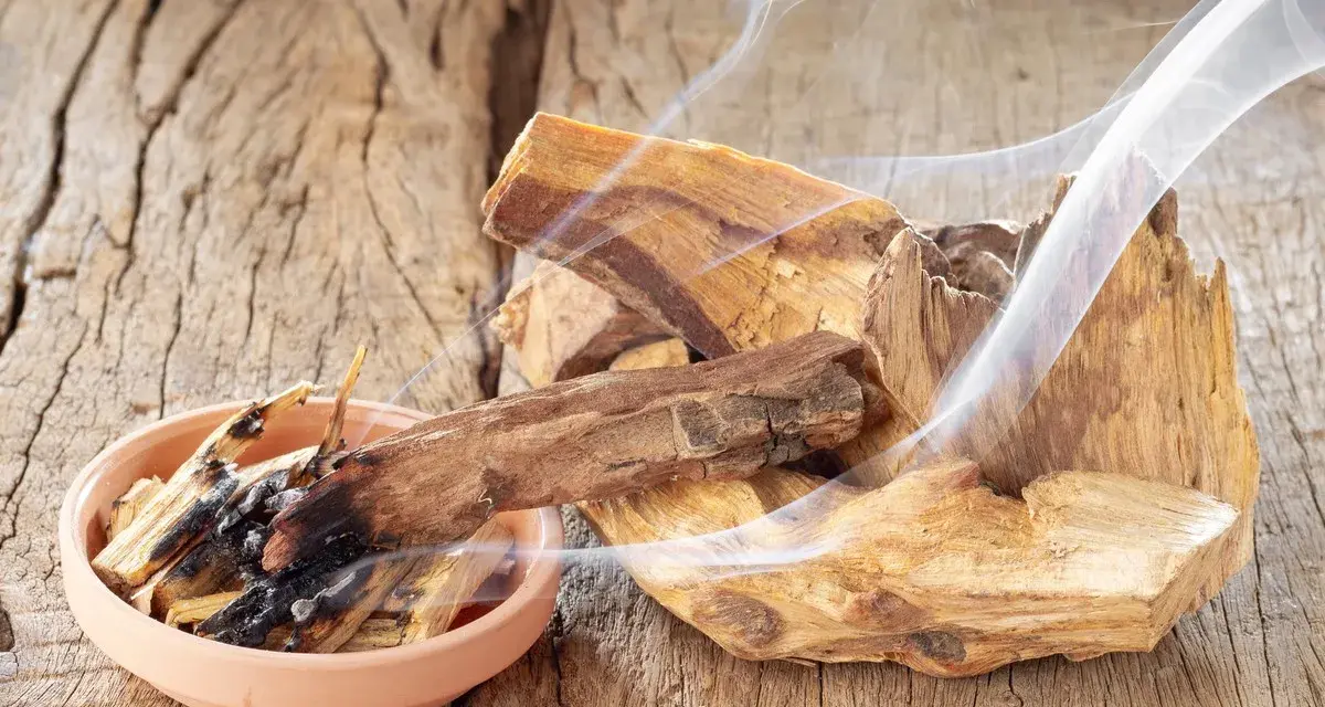 Fragmentos de palo santo humeante sobre madera rústica. Quemar palo santo es malo para el medio ambiente y la salud.