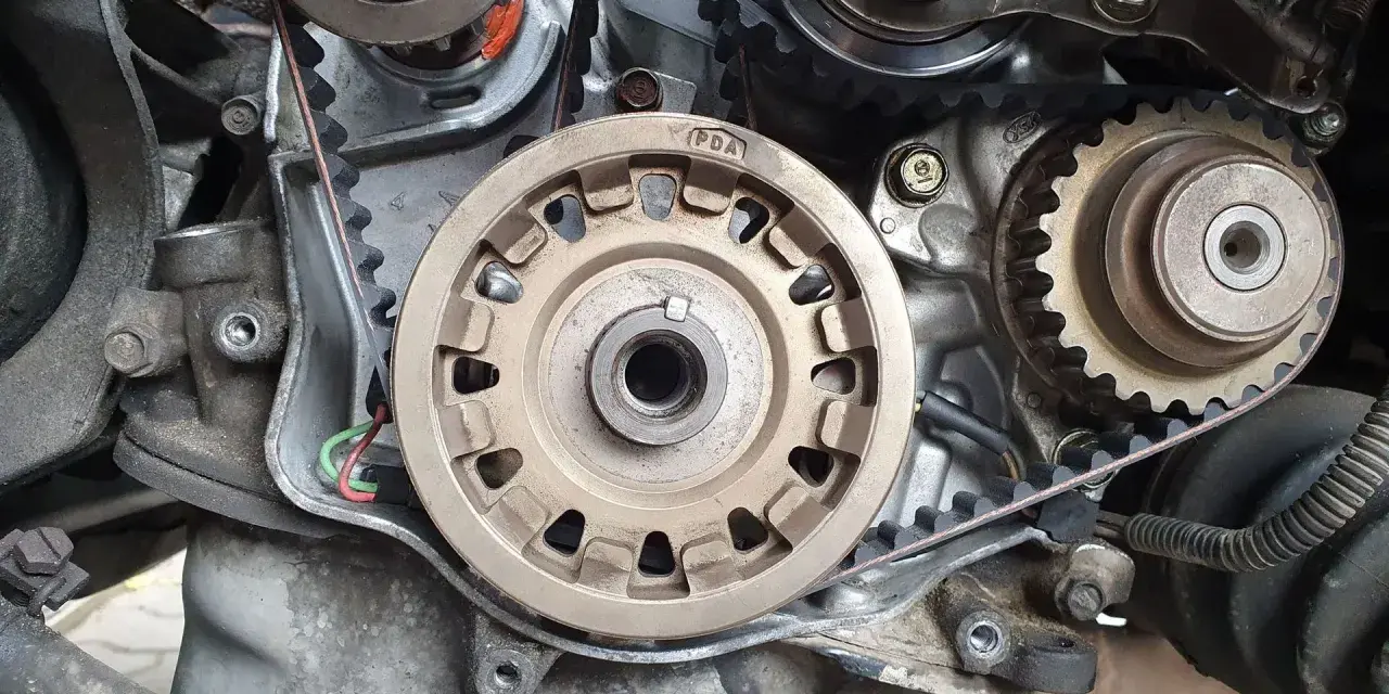 Zbliżenie na mechanizm silnika, widoczne koła zębate i pasek rozrządu. Czas na wymianę rozrządu!
