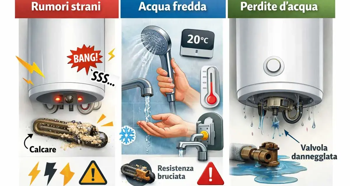 Lo scaldabagno Perla 5 lampeggia: rumori strani, acqua fredda o perdite indicano problemi come calcare, resistenza bruciata o valvola danneggiata.