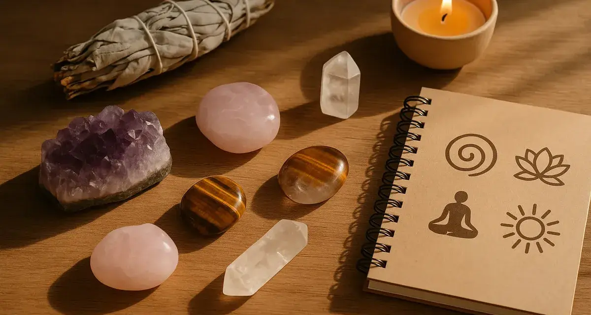 Amuleto de piedras, incienso y vela. El significado de las piedras protectoras se revela en este rincón de paz.