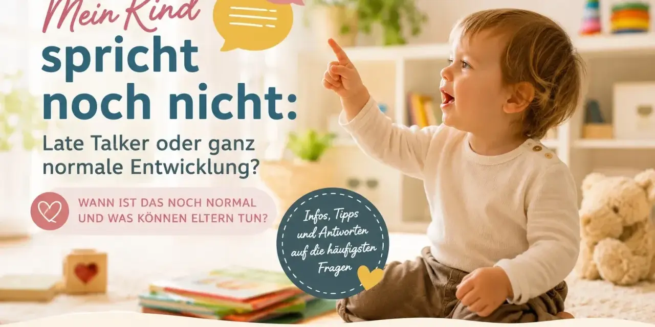 Kleines Kind zeigt neugierig nach oben. Text fragt: "Mein Kind spricht noch nicht: Late Talker oder normale Entwicklung?" Bietet Infos & Tipps für Eltern.