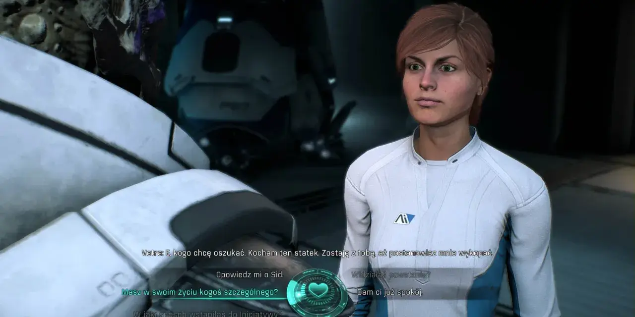 Kobieta w białym kombinezonie rozmawia z kimś, kto może być jej towarzyszem w Mass Effect Andromeda. Czy to początek romansu?
