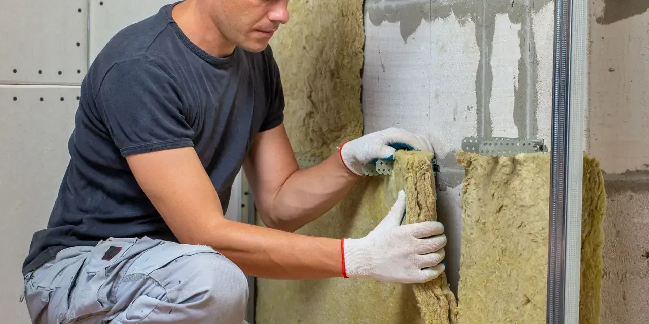 Operaio con guanti installa isolante in lana di roccia. Il depron è muffa, ma questo materiale isolante previene la sua formazione.