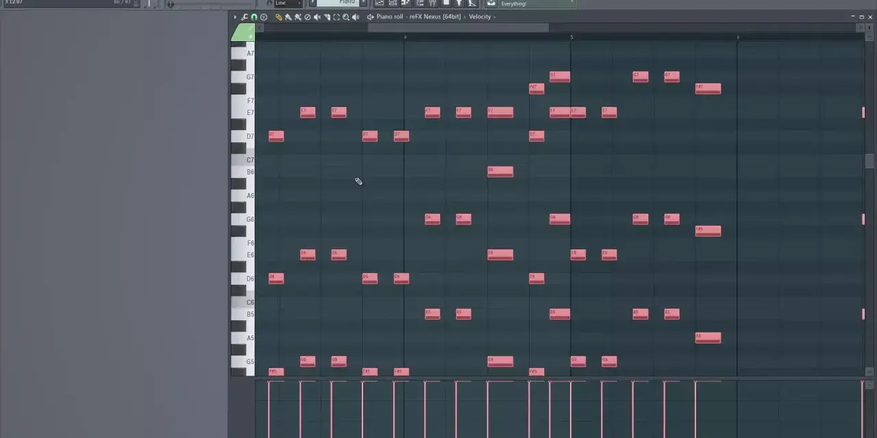 Widok edytora **fl studio piano roll** z zaznaczonymi nutami. Widać klawiaturę fortepianową i siatkę z zapisanymi dźwiękami.
