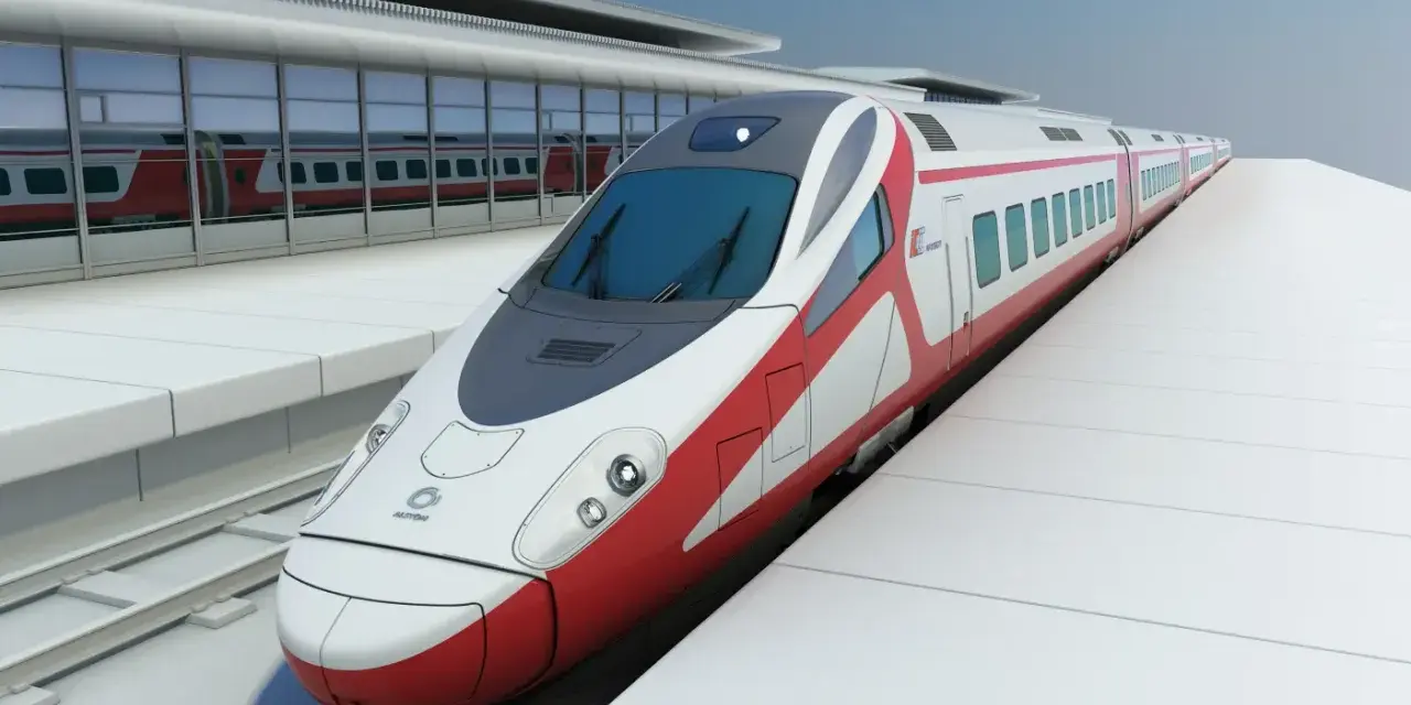 Nowoczesny, biało-czerwony pociąg Pendolino na peronie dworca.