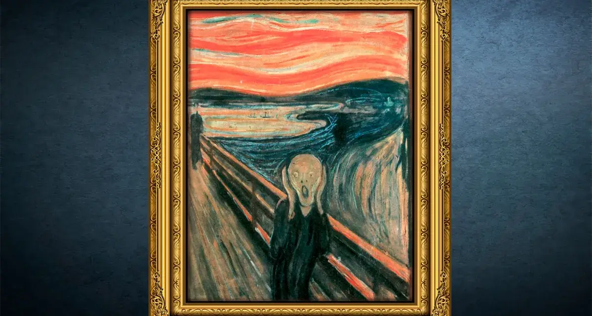 Edvard Munchs ikoniska "Skriet" i en gyllene ram. En skrikande figur på en bro under en blodröd himmel.