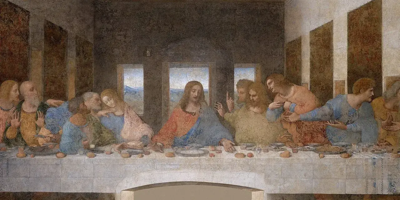 Ostatnia Wieczerza. Jezus pośród dwunastu apostołów, którzy reagują na jego słowa.