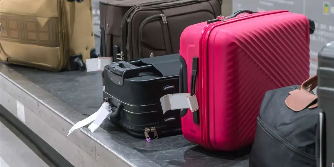 Suitcases on a baggage carousel, including a bright pink one.
