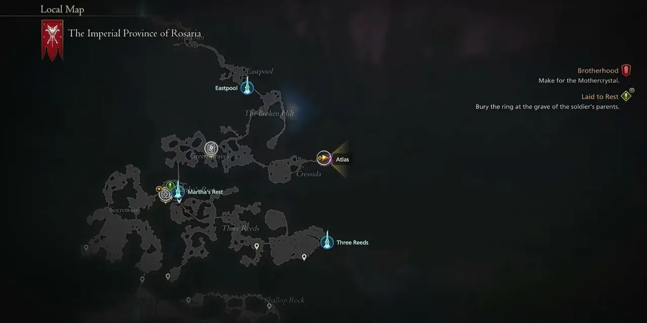 Mapa de Rosaria, con misiones activas como "Laid to Rest" y "Brotherhood". El destructor de mundos ff16 se acerca.