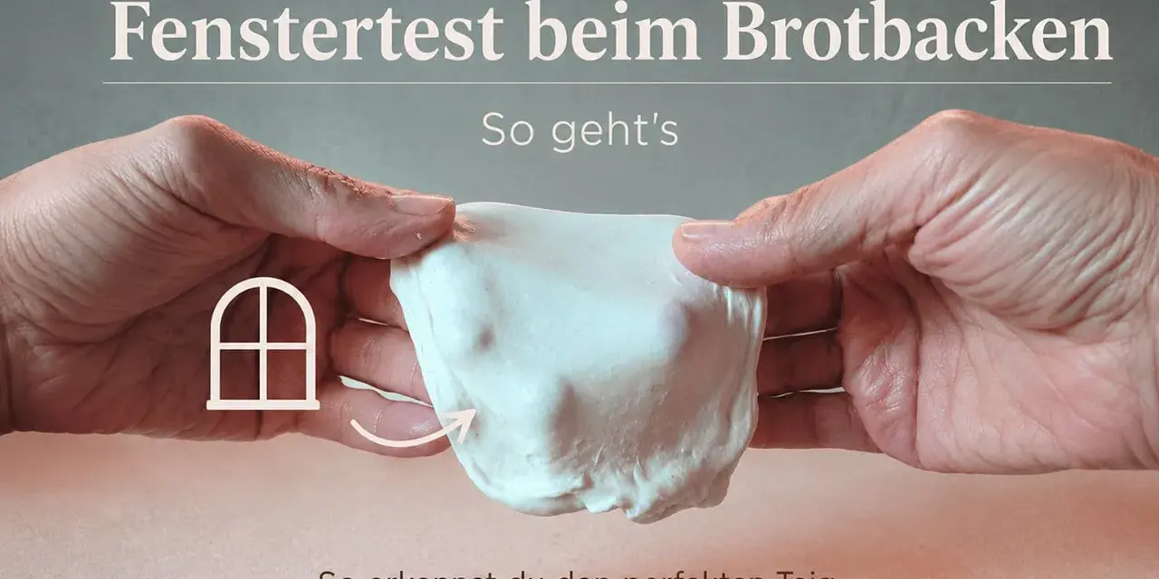 Hände dehnen einen hellen Teig, um den Fenstertest beim Brotbacken durchzuführen. So erkennst du den perfekten Teig.