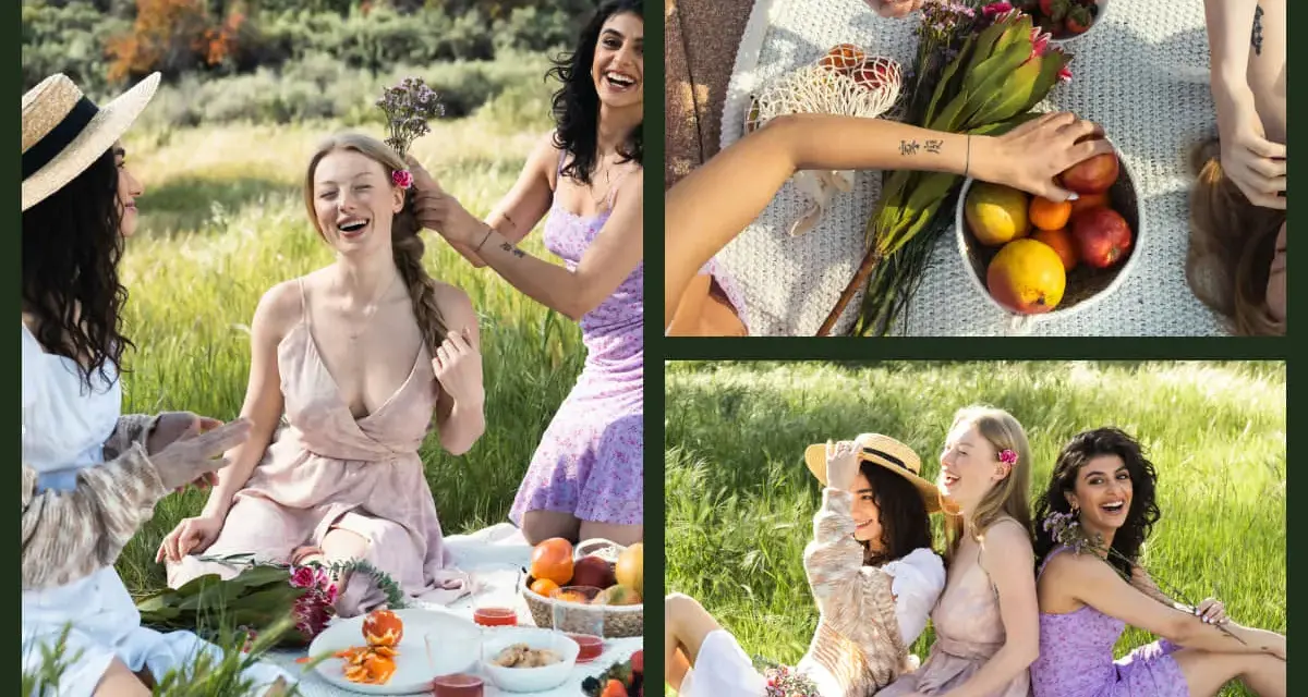 Un site de collage photo montrant trois amies profitant d'un pique-nique joyeux dans un champ verdoyant.