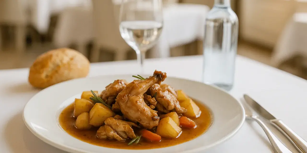 Conejo guisado con patatas y zanahorias en un plato blanco, acompañado de pan y agua.