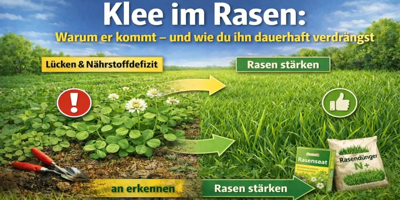 Klee im Rasen: Ein Feld mit viel Klee und einem Warnsymbol links, daneben ein dichter, grüner Rasen mit Daumen hoch rechts. Pfeile zeigen den Übergang.