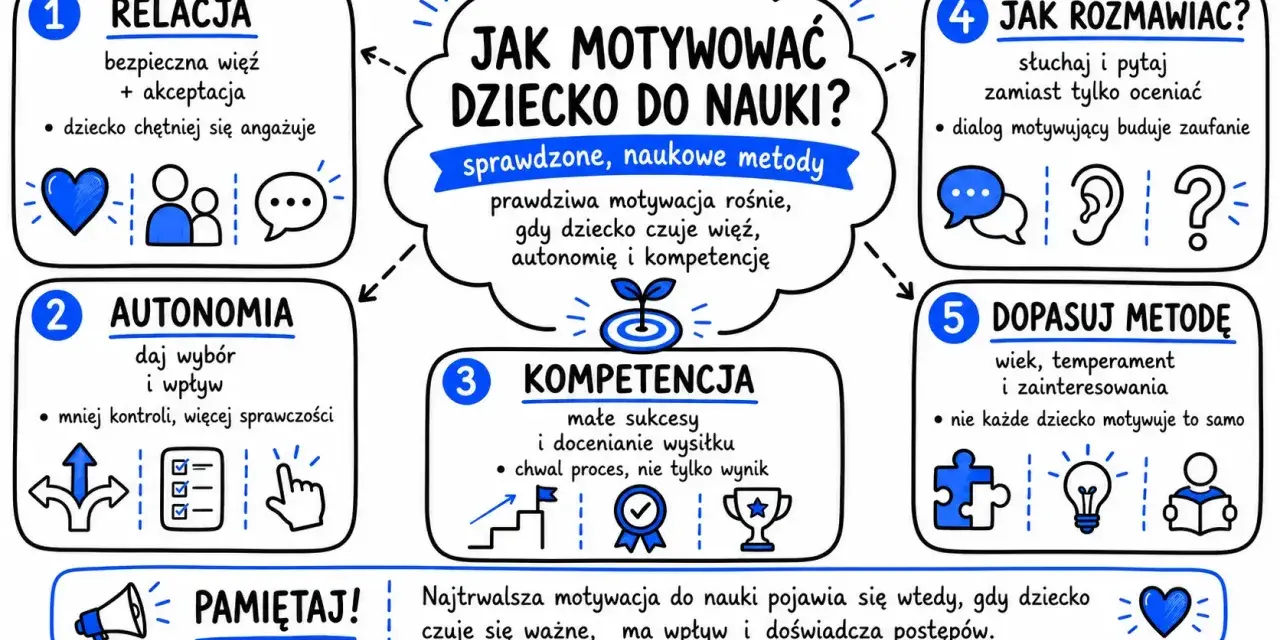 Jak motywować dziecko do nauki? 5 metod: relacja, autonomia, kompetencja, rozmowa, dopasowanie. Prawdziwa motywacja rośnie, gdy dziecko czuje więź, autonomię i kompetencję.