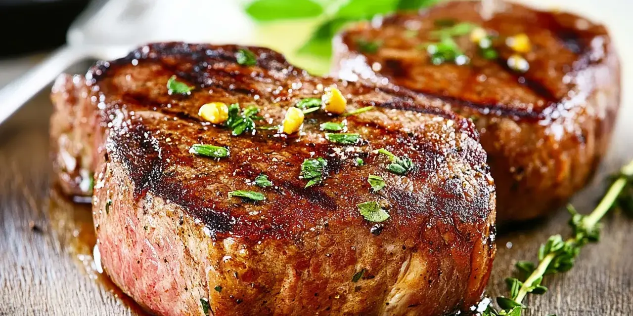 Due succulenti filetti di manzo grigliati, guarniti con erbe aromatiche e chicchi di pepe, pronti per essere gustati.