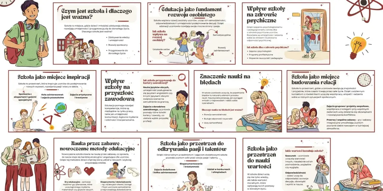 Ilustracja do gazetki szkolnej: szkoła jako miejsce rozwoju, inspiracji i budowania relacji. Daje pomysł na gazetkę szkolną.