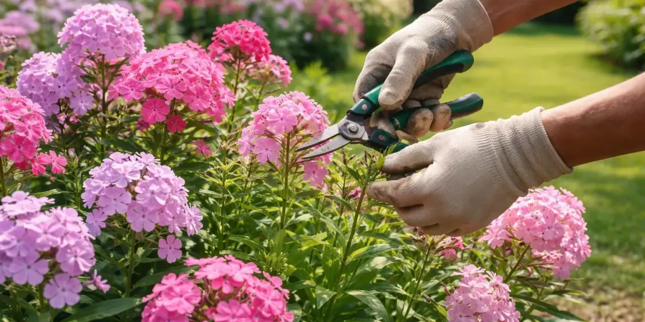 Hände mit Handschuhen schneiden pinke Phlox-Blüten mit einer Gartenschere.
