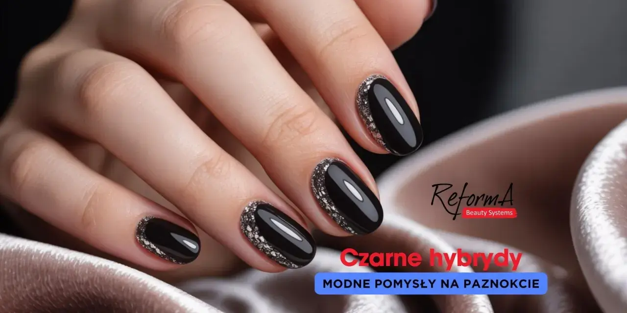 Eleganckie czarne paznokcie z frenchem i brokatowym zdobieniem. Modne pomysły na hybrydy.