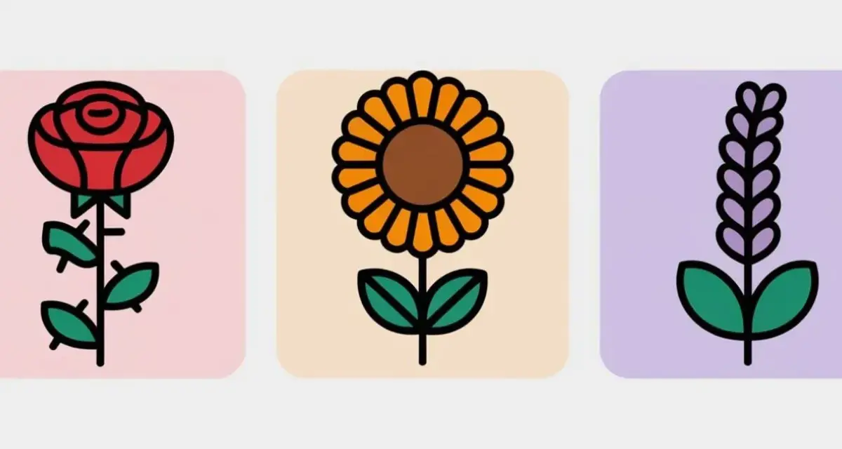Tres flores estilizadas: una rosa roja, un girasol y una espiga morada. La rosa, símbolo de la flor del amor, se alza con elegancia.