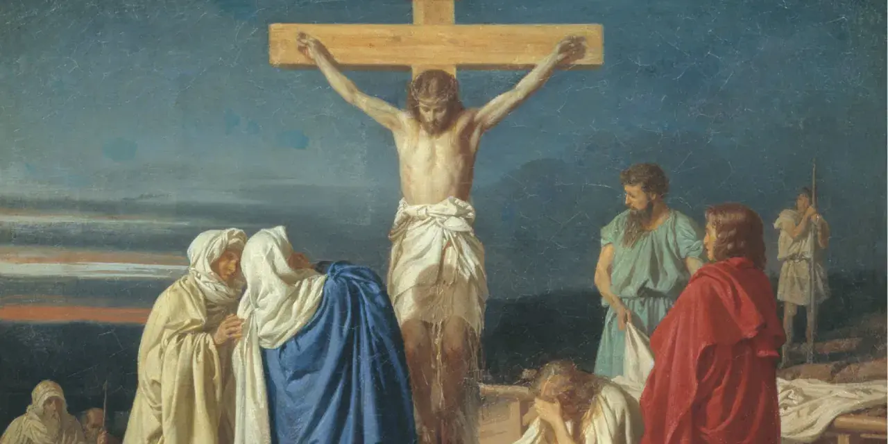Scena ukrzyżowania Jezusa, nawiązująca do psalm 9. Wokół krzyża zgromadzone postacie, w tym Matka Boska i żołnierze.