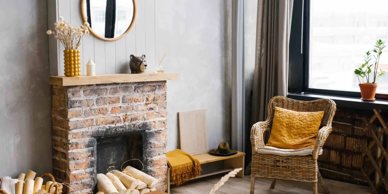 Un camino di mattoni rustico, pronto per essere rinnovato. Legna accatastata, decorazioni e una sedia in vimini invitano al relax.