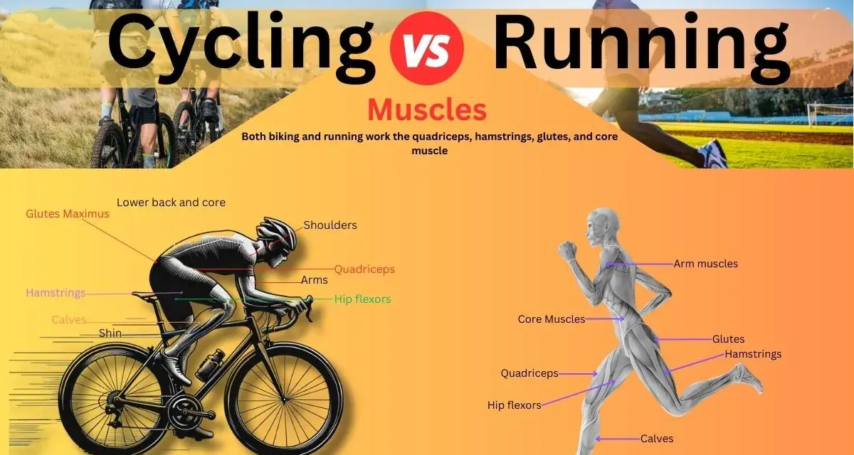 Cycling vs Running: A muscle comparison showing how both activities engage quadriceps, hamstrings, glutes, and core.