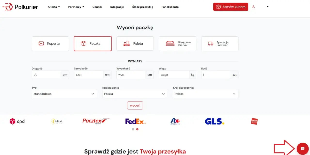 Formularz wyceny paczki na stronie Polkurier z polami na wymiary, wagę i kraj nadania/doręczenia.