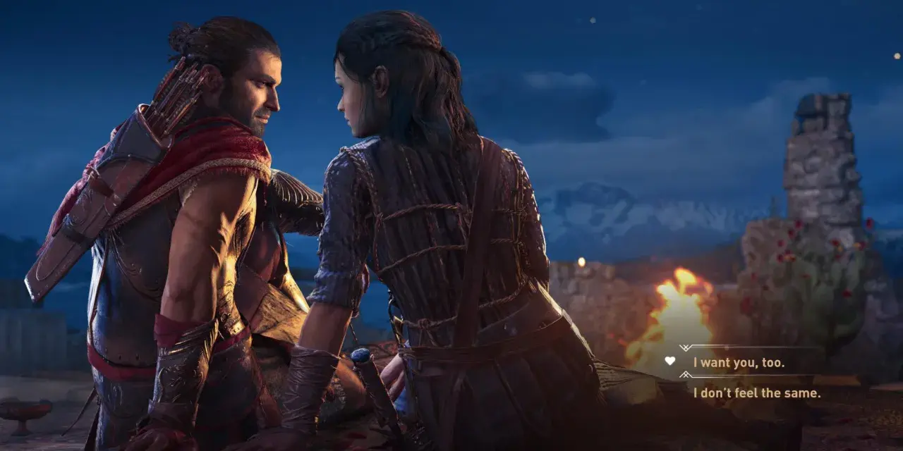 Alexios y Kassandra comparten un momento íntimo, una escena que podría ser un trofeo de Assassin's Creed Odyssey.