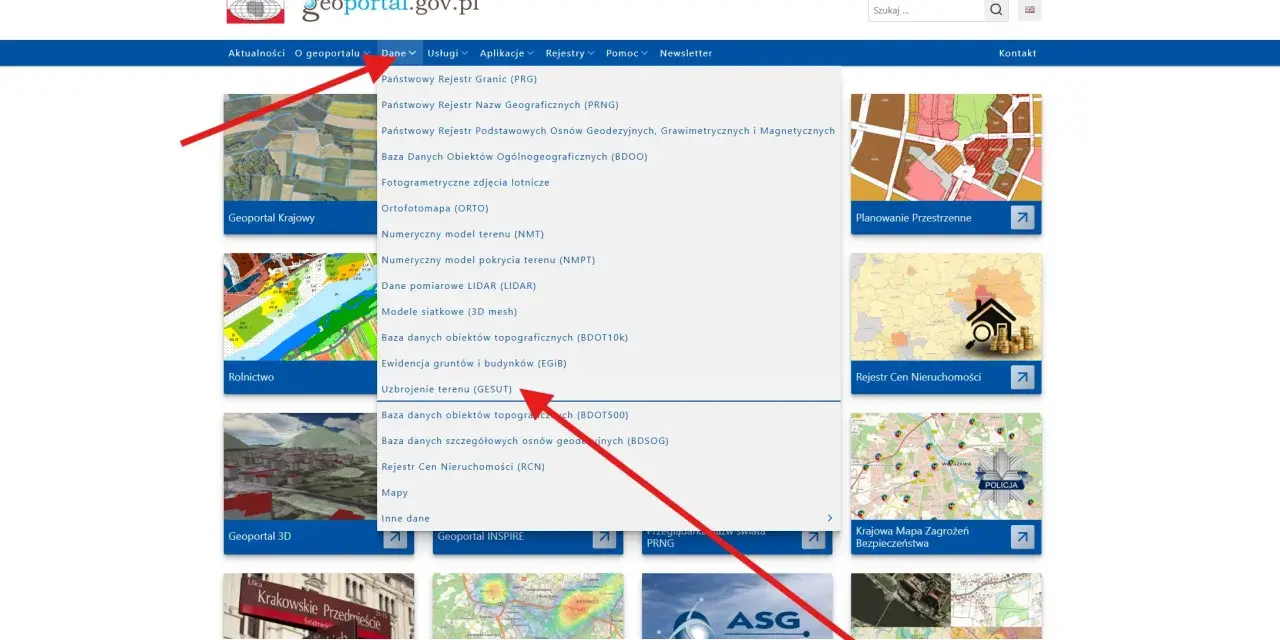 Wybierz "Uzbrojenie terenu (GESUT)" na geoportal.gov.pl, aby uzyskać dostęp do danych o infrastrukturze technicznej.