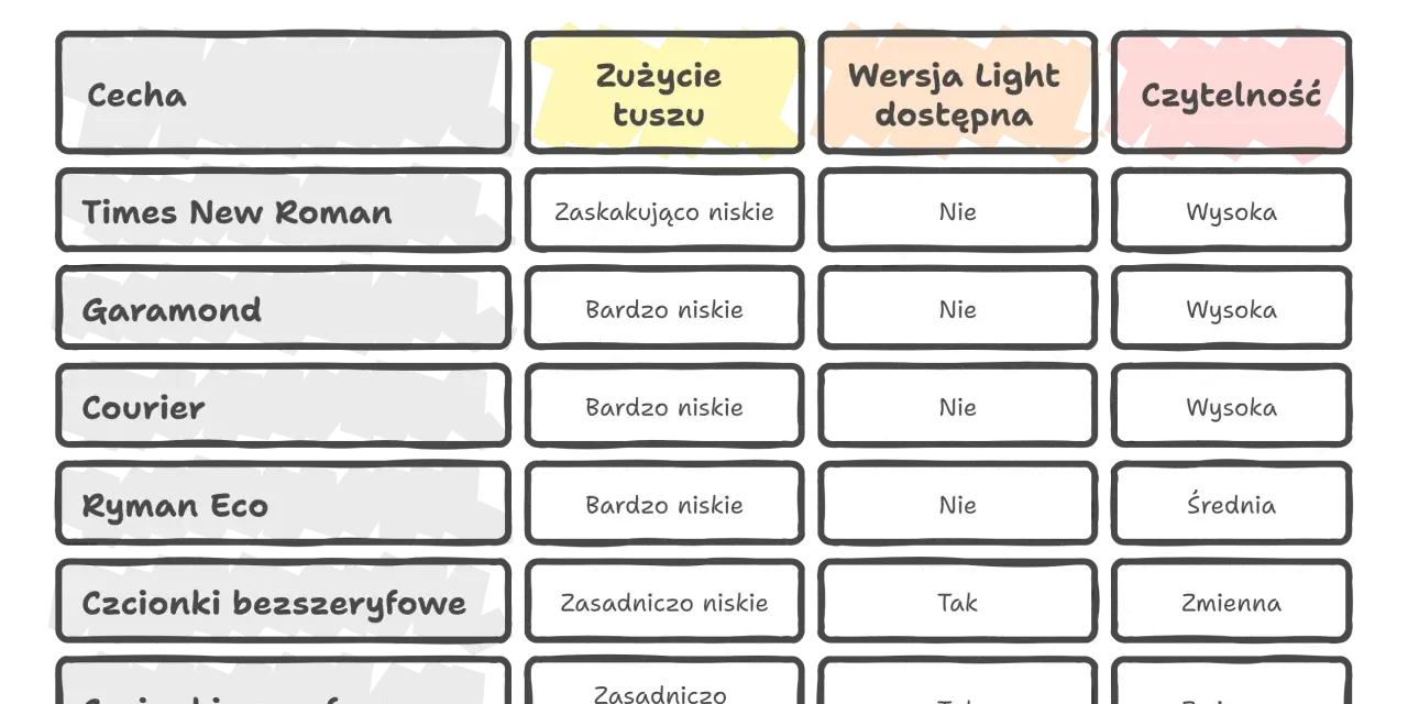 Porównanie zużycia tuszu przez ładne czcionki: Times New Roman, Garamond, Courier, Ryman Eco, bezszeryfowe i szeryfowe.