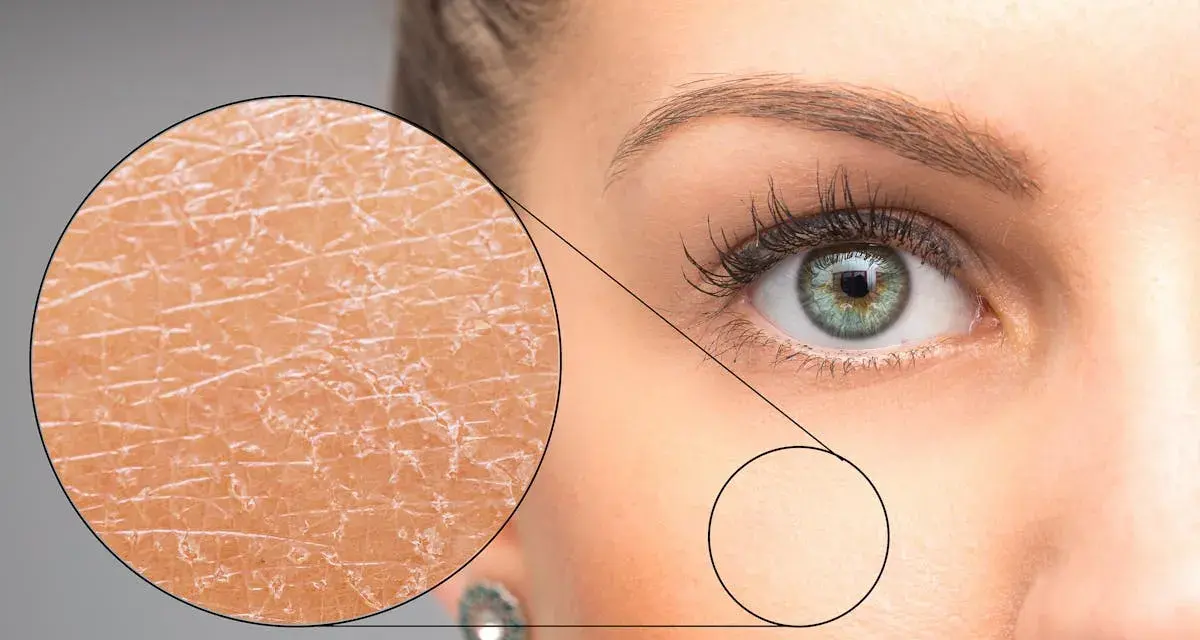 Gros plan sur une peau sèche et craquelée, expliquant pourquoi j'ai la peau sèche. Une loupe révèle la texture rugueuse.