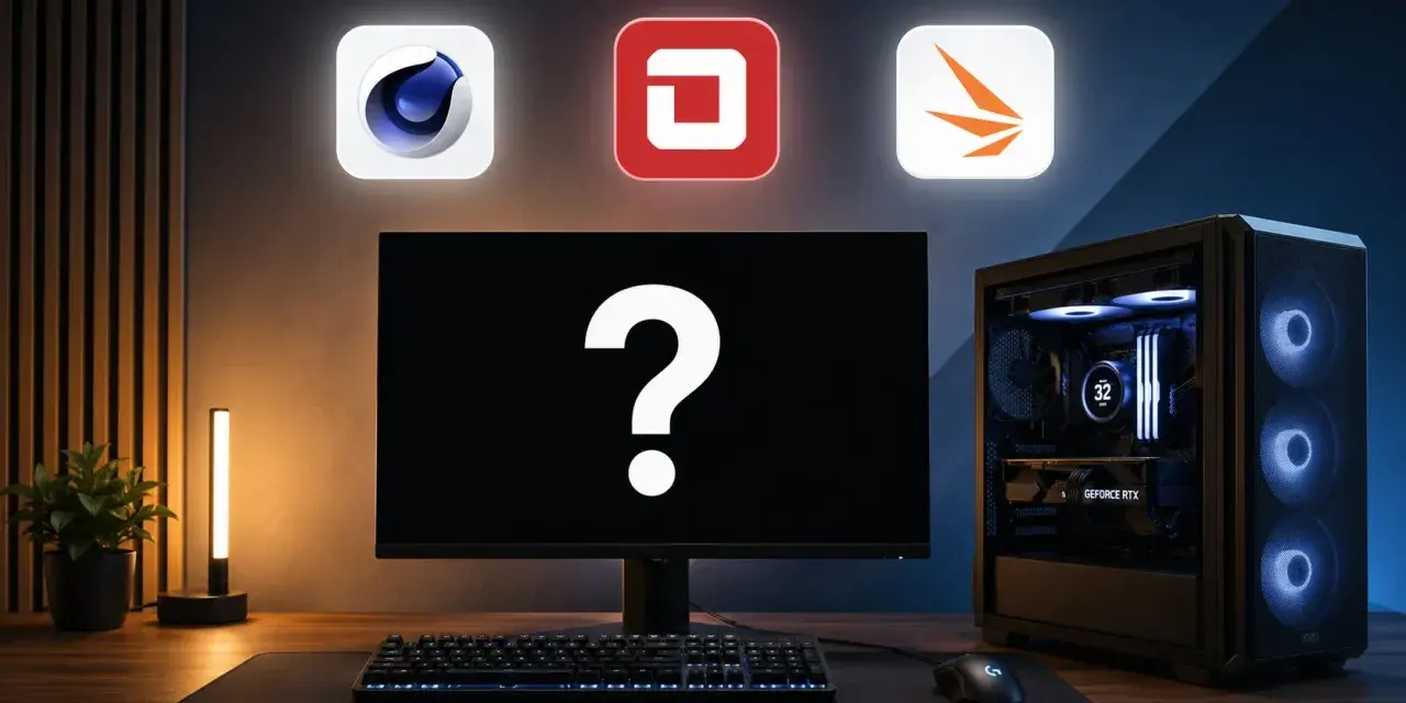 Komputer z podświetlanym chłodzeniem i kartą GeForce RTX, gotowy na test wydajności. Nad monitorem ikony programów: Cinema 4D, DaVinci Resolve, Blender.