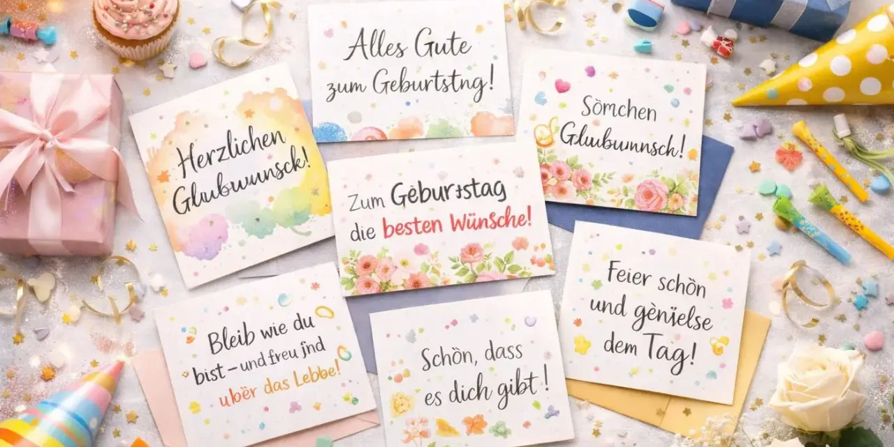 Geburtstagskarten mit Sprüchen, Geschenken, Cupcakes und Konfetti.