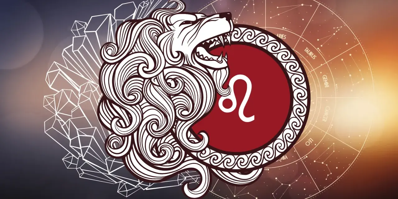 Lew, 6 sierpnia znak zodiaku, symbolizuje siłę i odwagę. Stylizowany lew z grzywą i symbolem zodiaku na tle konstelacji.