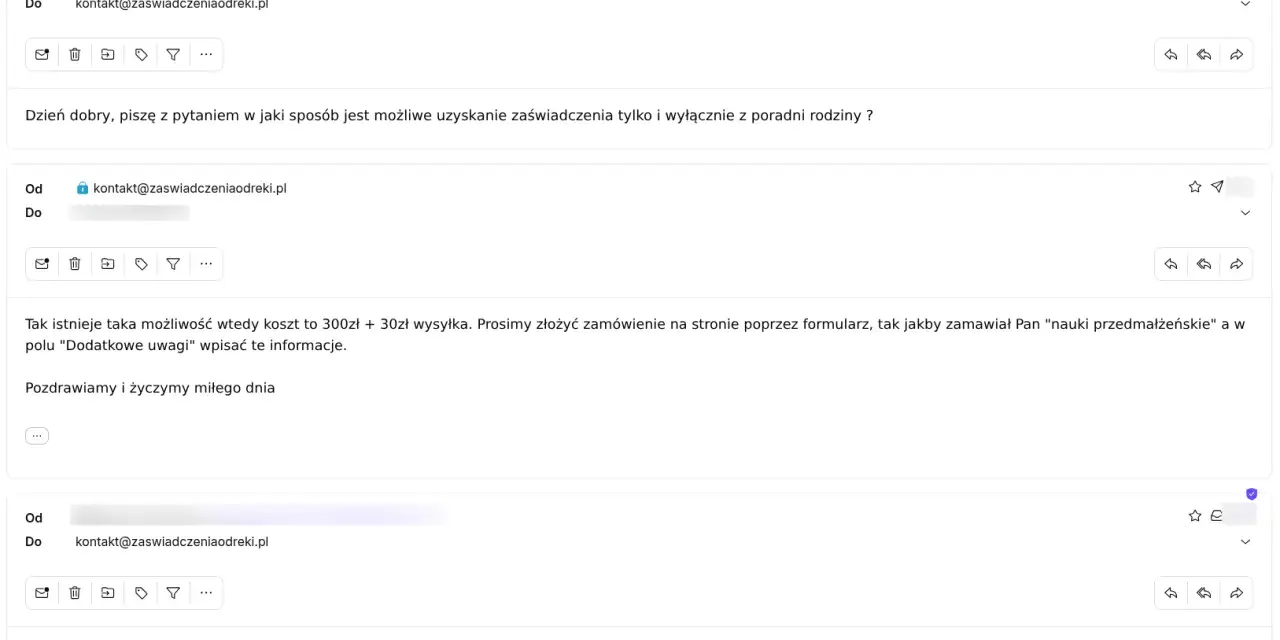 Wiadomości e-mail dotyczące zamówienia zaświadczenia do chrztu. Potwierdzenie możliwości uzyskania dokumentu i podziękowanie za sprawną obsługę.