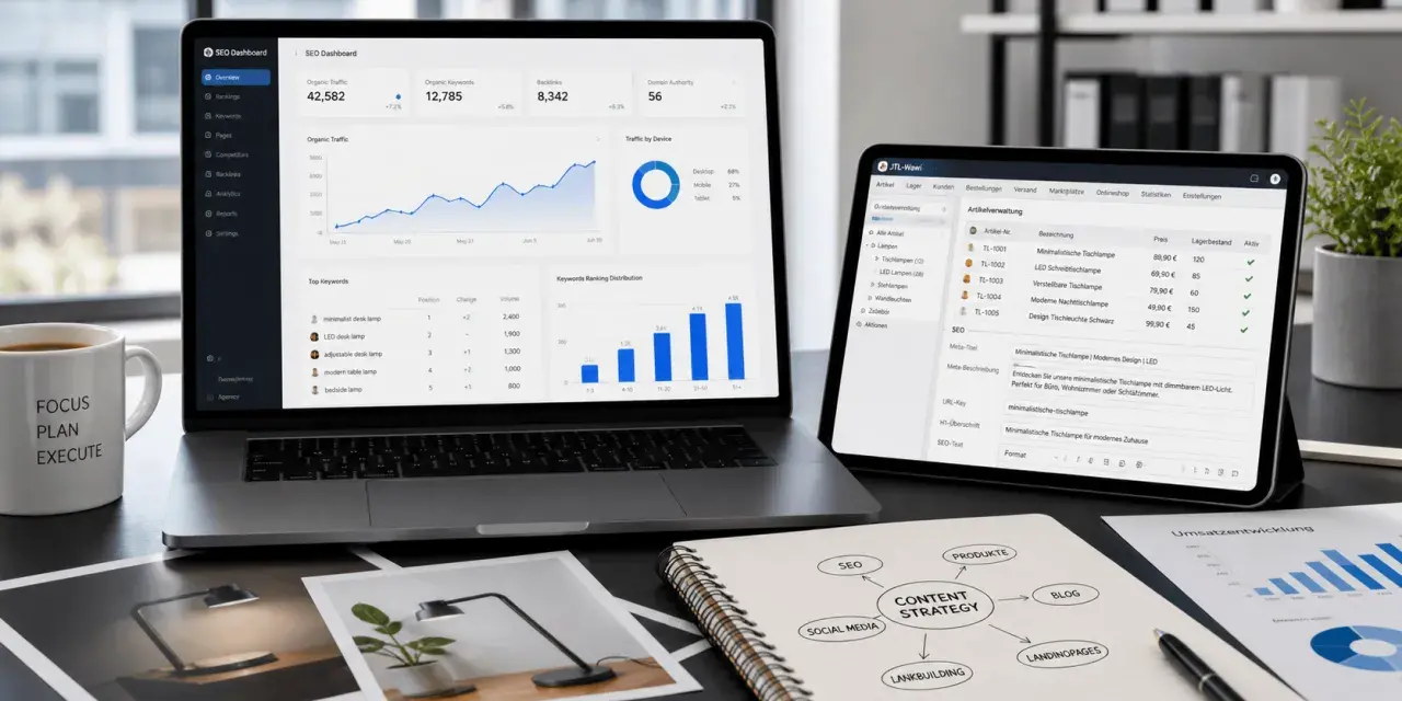 Laptop und Tablet zeigen SEO-Dashboards mit Diagrammen und Tabellen, die eine **faceted search** für Produkte und Keywords ermöglichen.