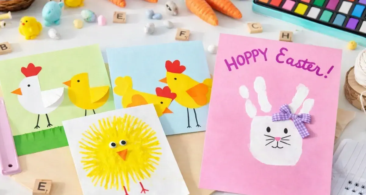 Bunte Osterkarten zum Selberbasteln mit Kindern: Küken, Hühner und ein Hase aus Handabdrücken.